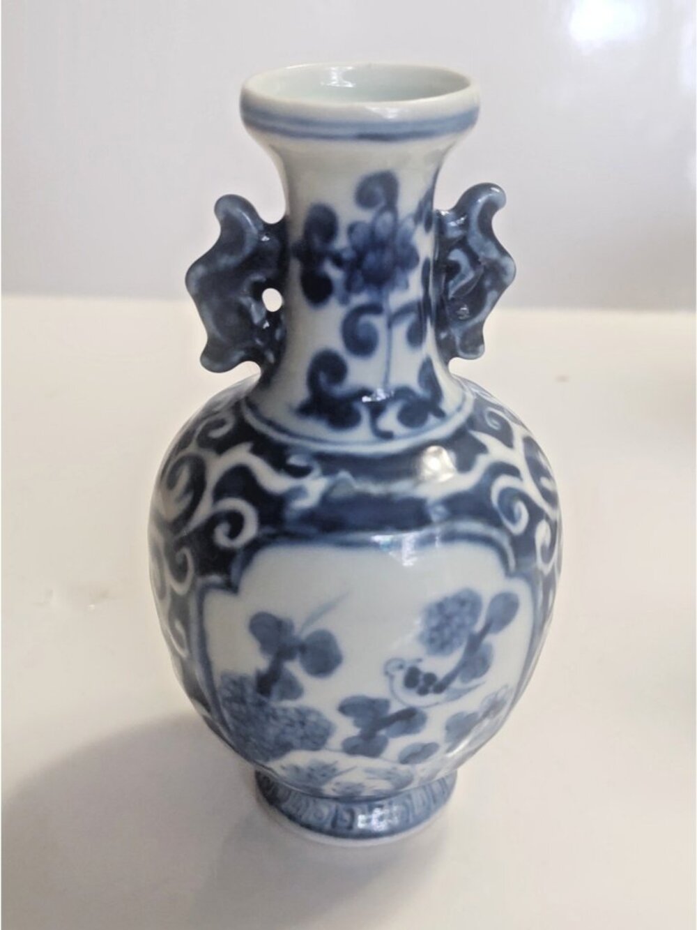 Antique Chinese Artemisia Leaf Mark Blue and White Bud Vase 4 1/4" Bird & Flower